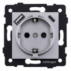 Розетка с заземлением и со шторкой и 2хUSB type A и C, без рамки Kollinger  REA-004GY