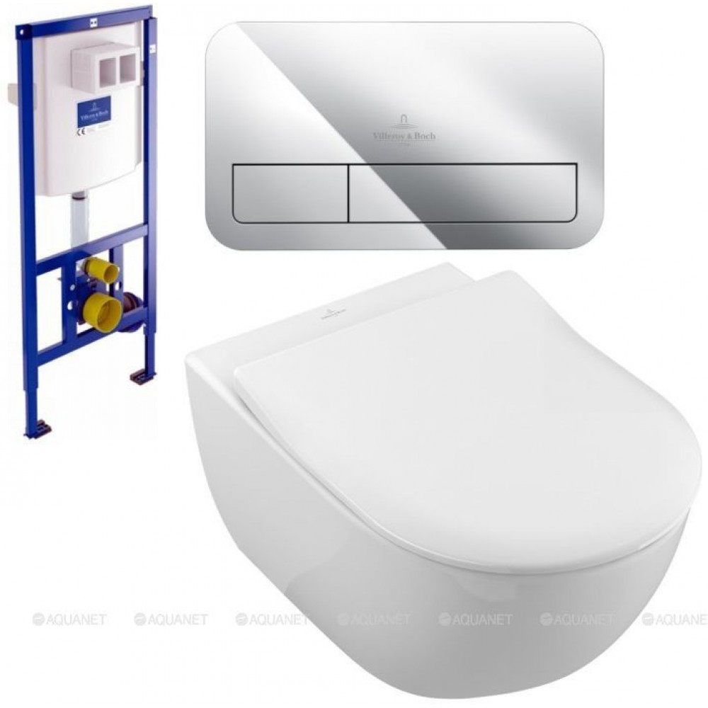 Унитаз подвесной Villeroy & Boch Subway 2.0 с сиденьем, инсталляцией и клавишей хром 5614R201/92246100/92249061