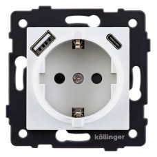 Розетка с заземлением и со шторкой и 2хUSB type A и C, без рамки Kollinger  REA-004WH