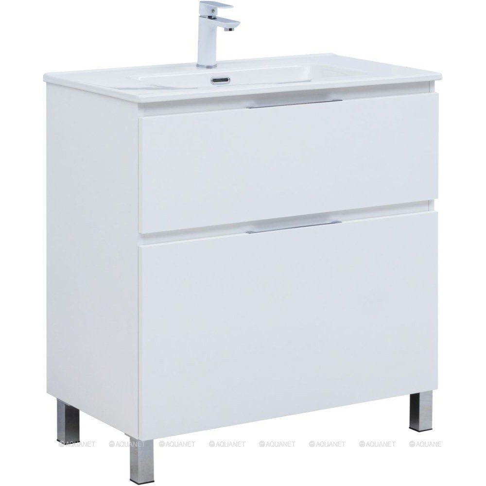 Тумба с раковиной Aquanet Алвита new 80 (Flat) напольная 2 ящика белый матовый 00345679