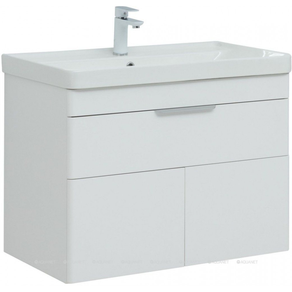 Тумба с раковиной Aquanet Ирис new 80 подвесная 1 ящик 2 фасада белый глянец 00312430