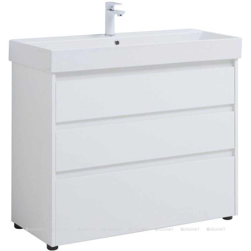 Тумба с раковиной Aquanet Nova Lite 100 Slim Synergy 3 ящика белый глянец 00307081