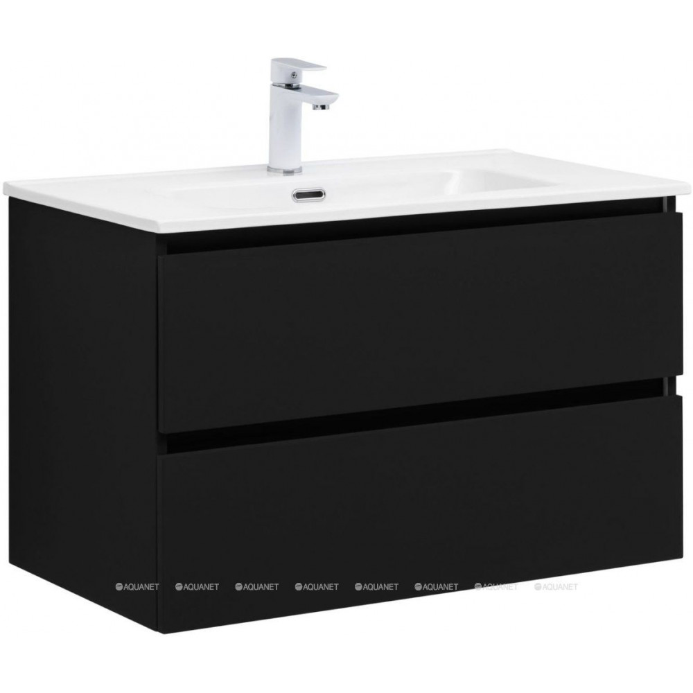 Тумба с раковиной Aquanet Вега 2.0 80 черная 2 ящика с раковиной Flat 00344767