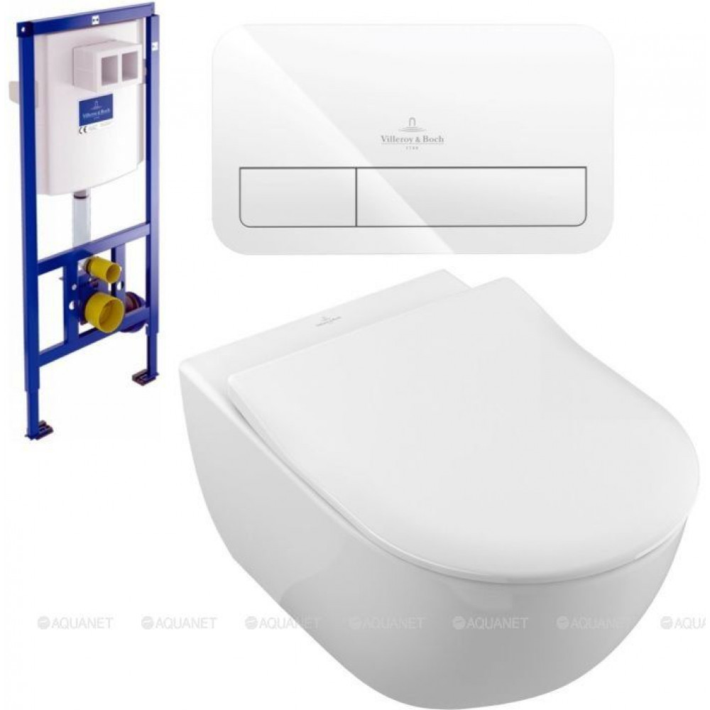 Унитаз подвесной Villeroy & Boch Subway 2.0 с сиденьем, инсталляцией и белой клавишей 5614R201/92246100/92249068